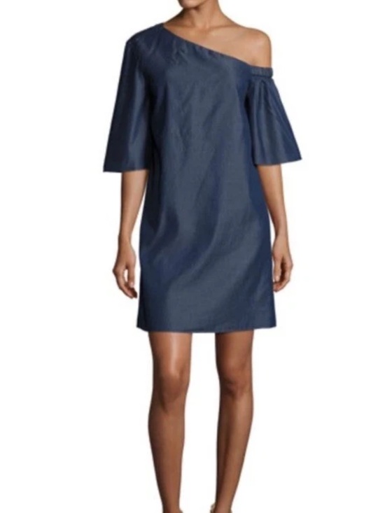 Tibi Dresses & Skirts - Tibi Chambray Off Shoulder Dress Designer Ruffle Mini Dark Blue Women’s 6